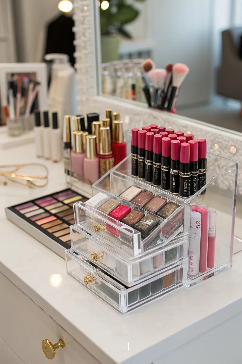 Transparent organizers add style and tidiness to your vanity.
