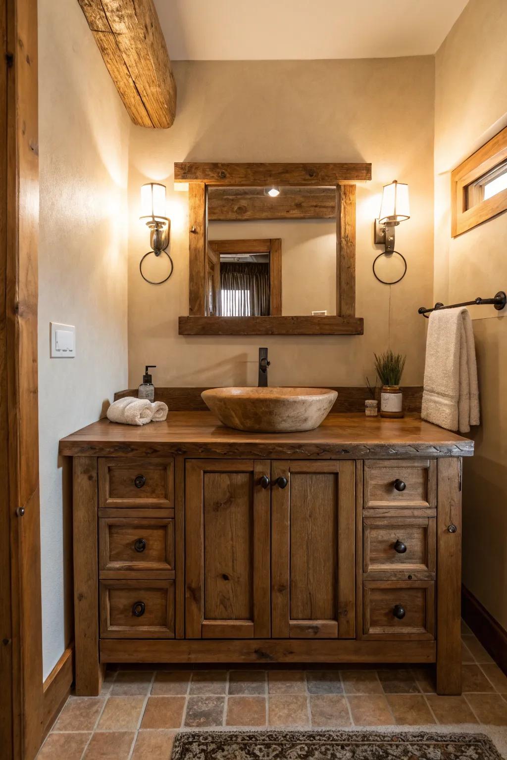 A rustic vanity showcasing beautiful wood textures.