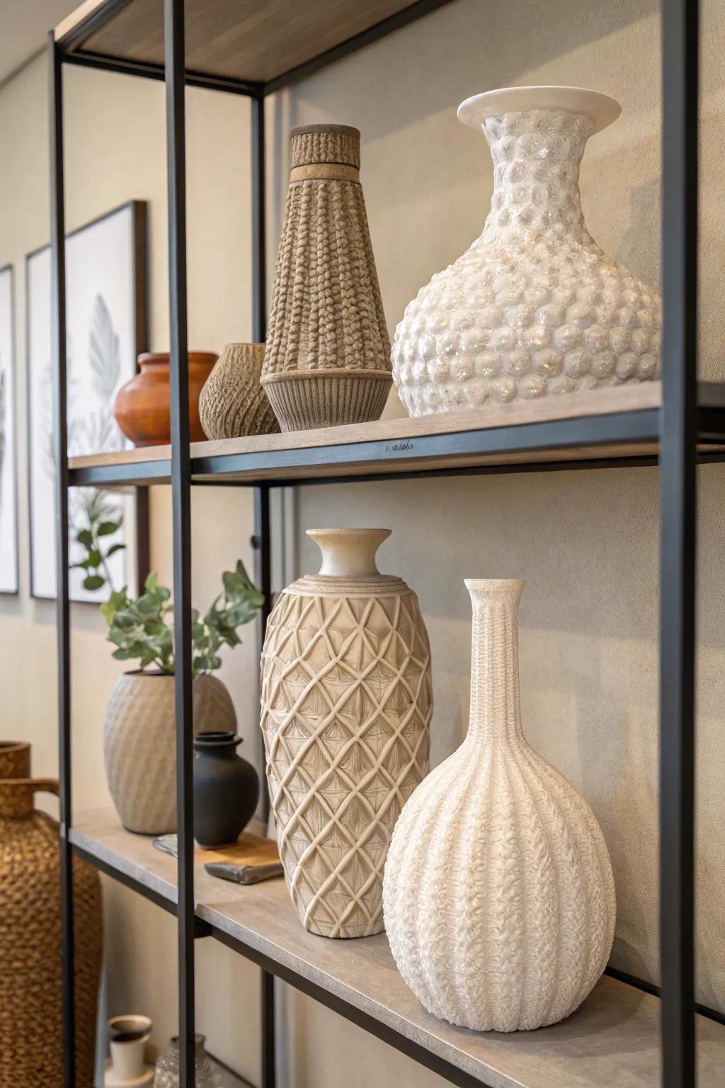 Vases with texture enhance a plain shelf with diversity and fascination.