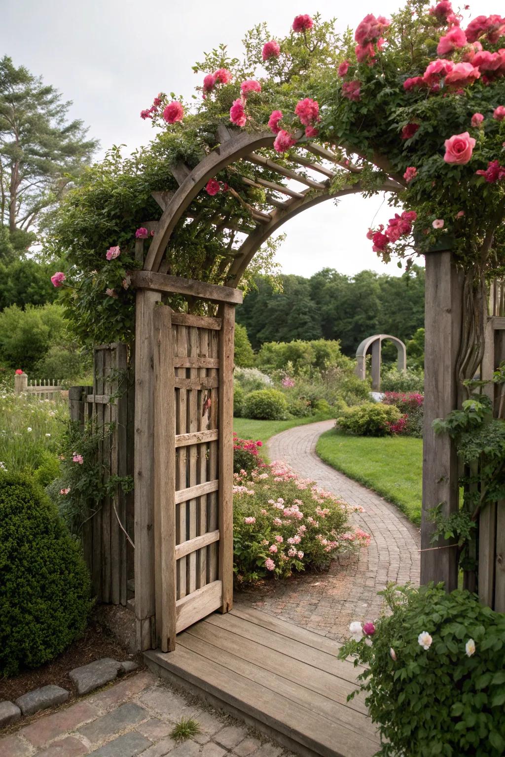 A curved bower entrance enveloped in vivid blossoms.