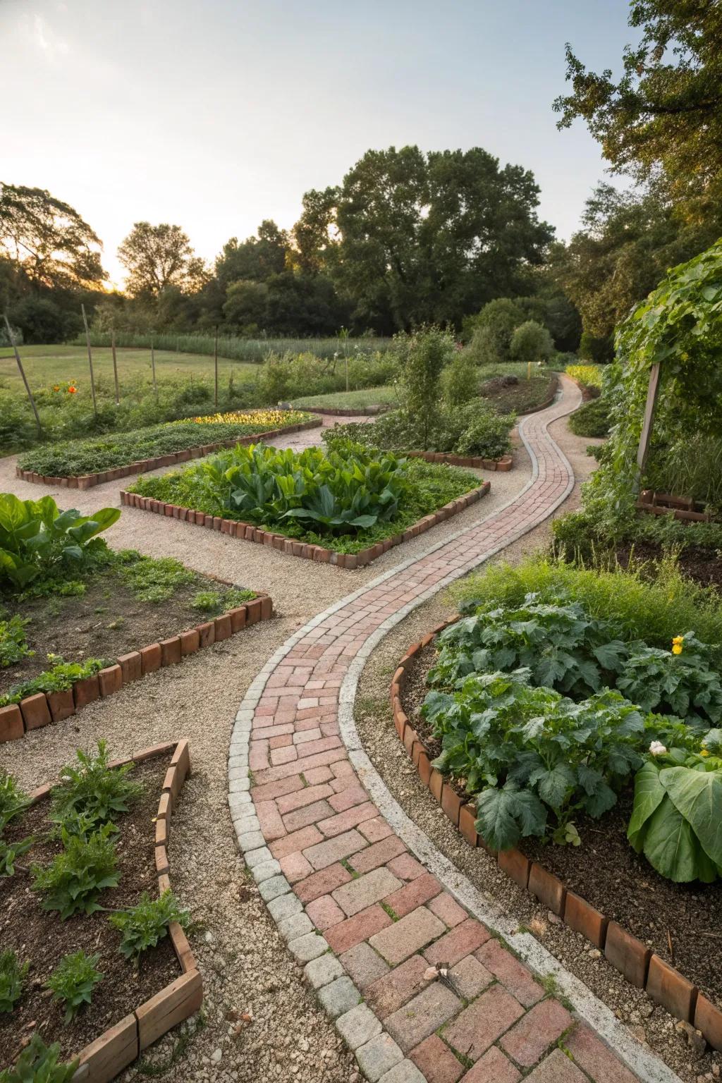 Charming garden paths provide easy access and enhance the garden's aesthetic.