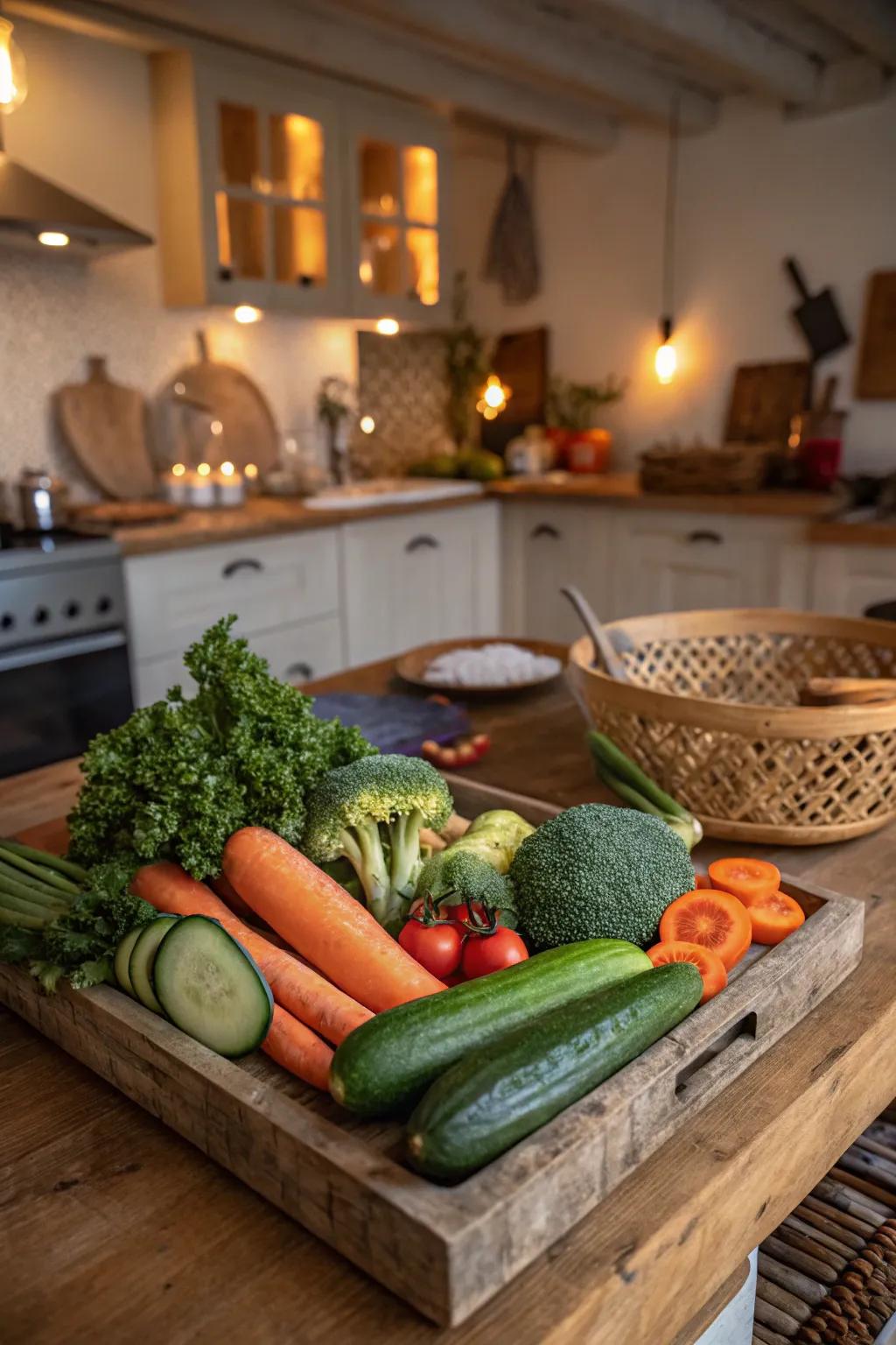 Vegetables artfully arranged on a natural wood plank.