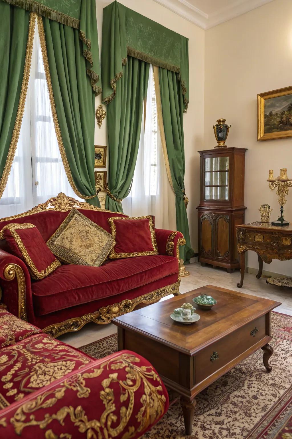 A Venetian-inspired living room featuring rich colors and textures.