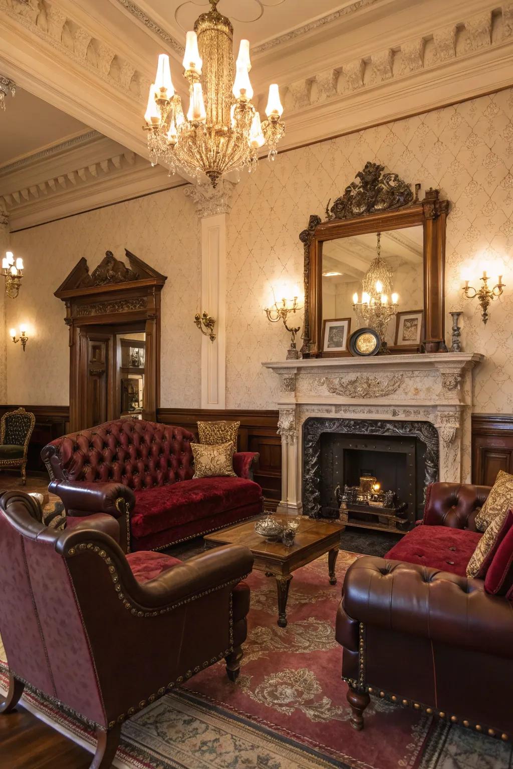 Sumptuous velvet and hide textures render this Victorian living area a tangible delight.