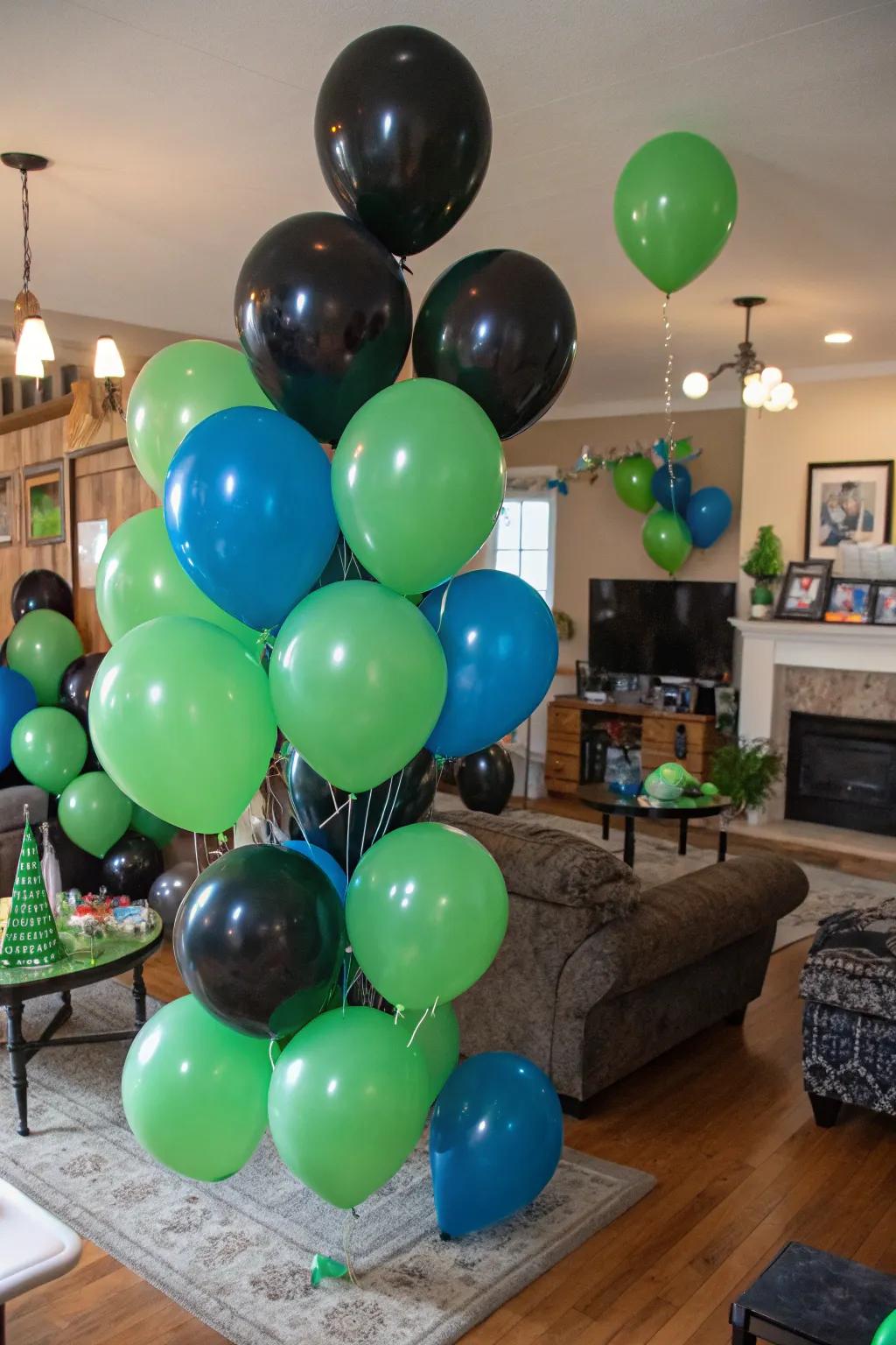Eye-catching balloons in gaming theme shades bring a festive vibe.