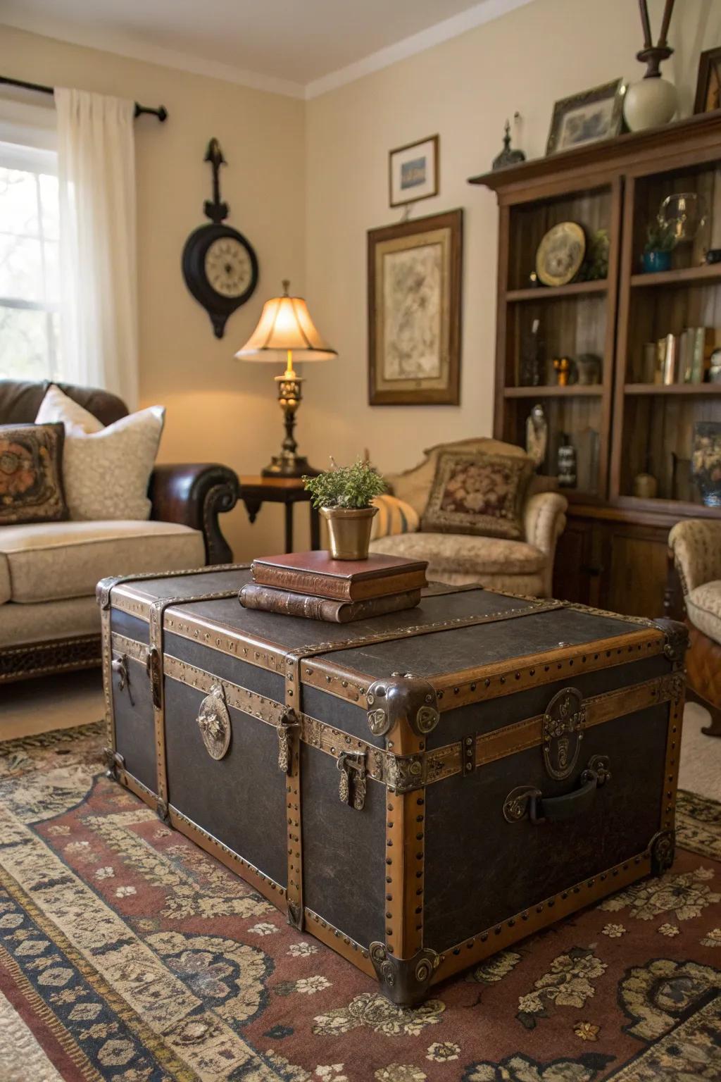 A classic chest doubles as a chic center table featuring concealed storage.