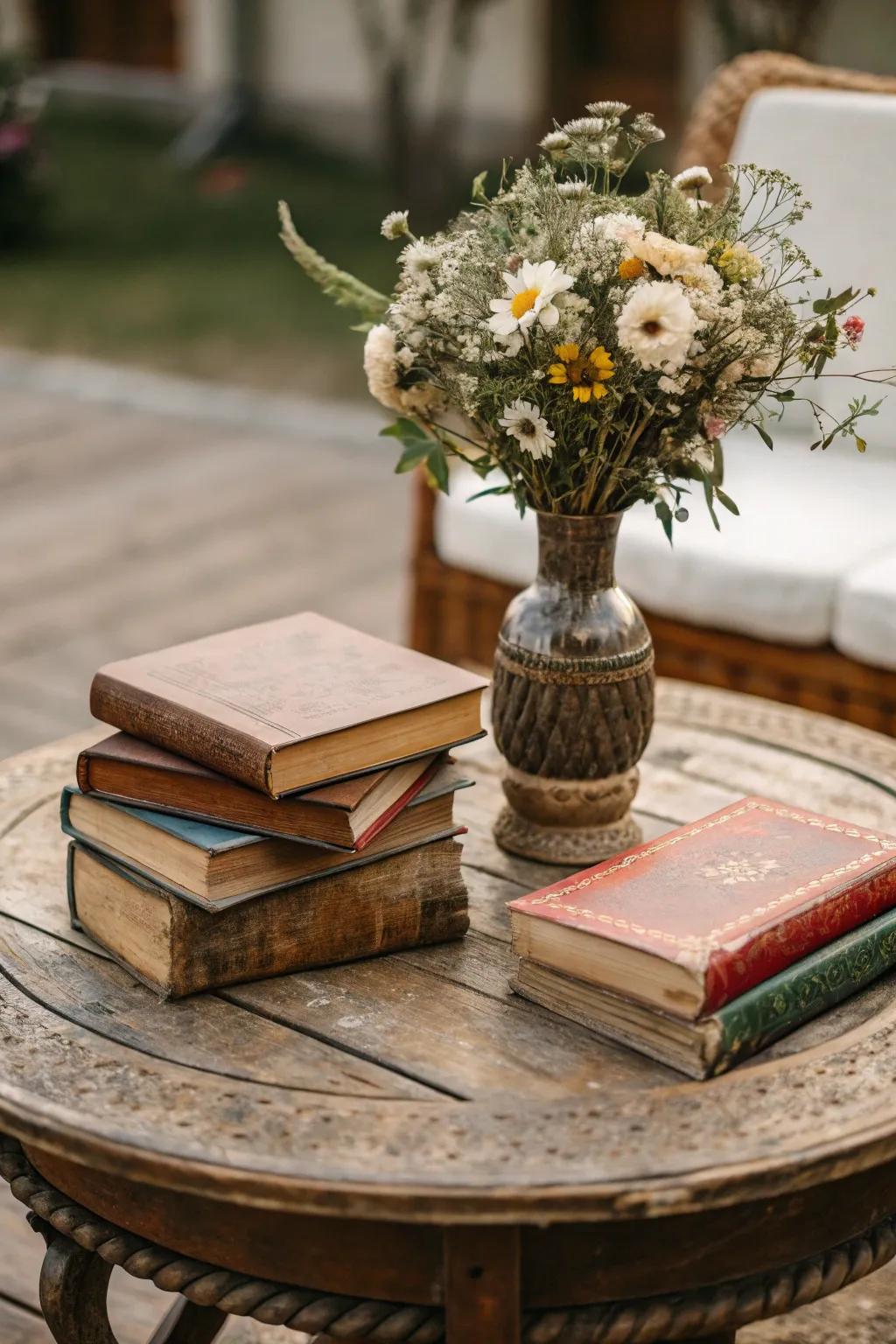 A vintage wooden coffee table decorated with books and a vase.