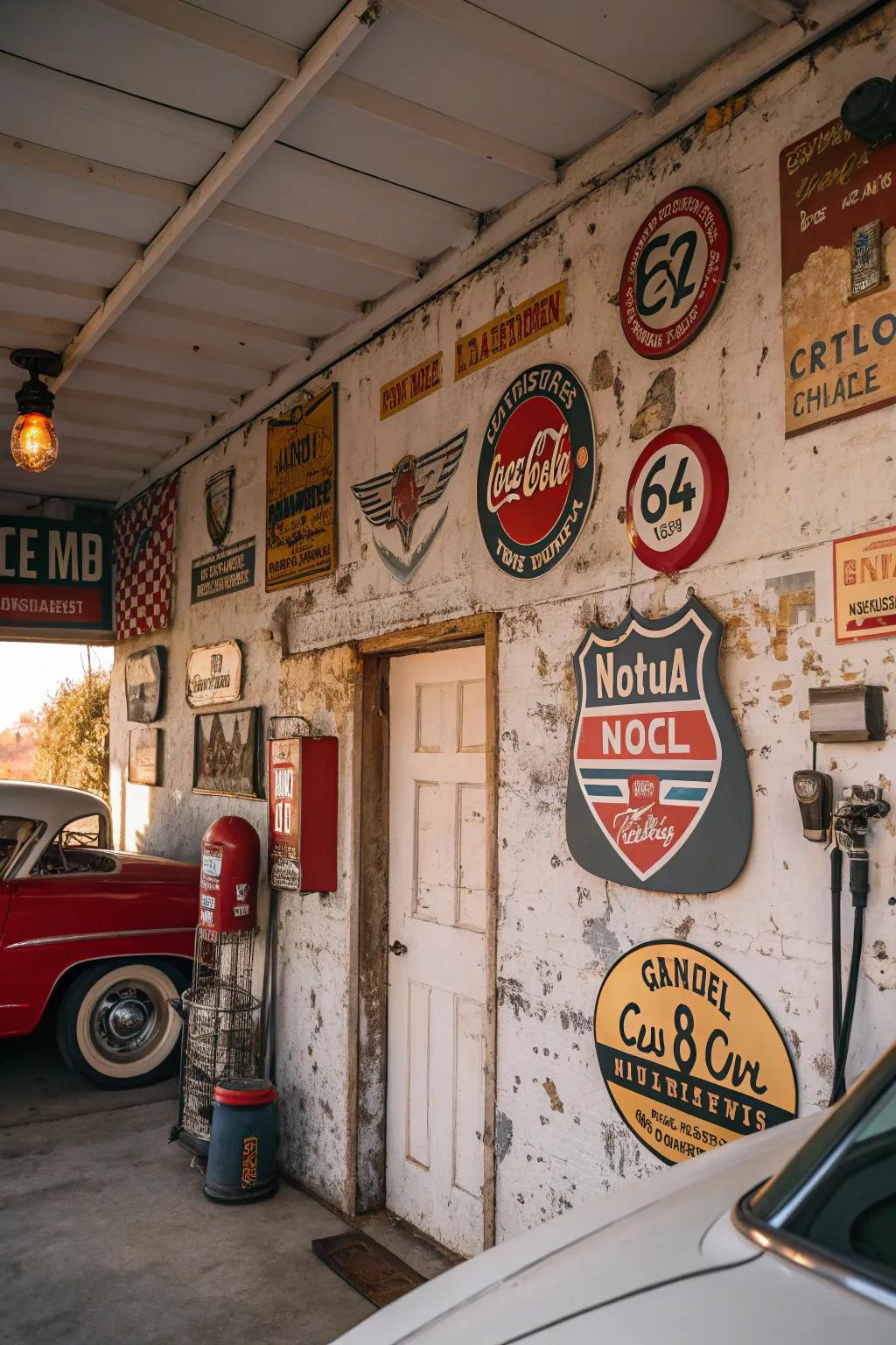 Retro notices introduce a cascade of sentimentality to a vintage garage.