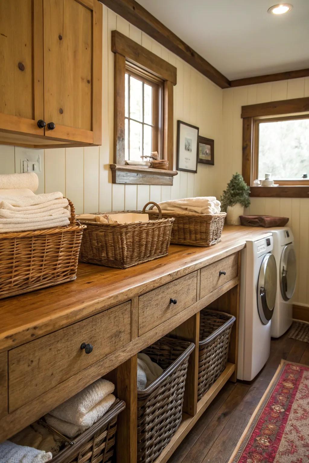 Attractive wood countertops paired with classic storage options.