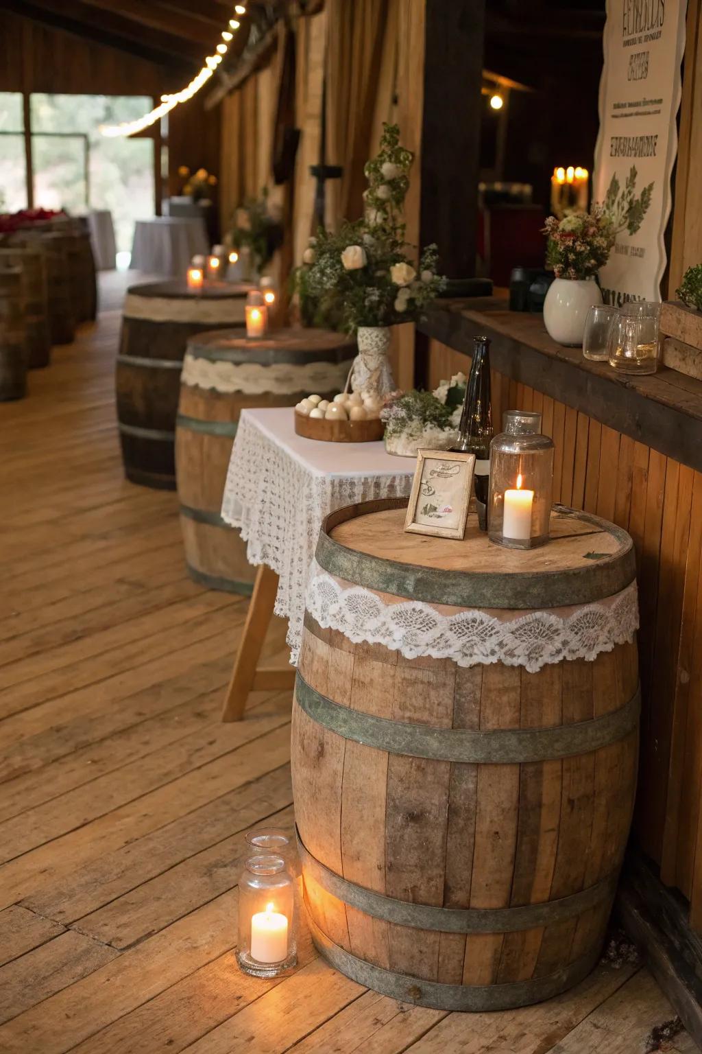 Rustic charm at a vintage party using wooden barrels and lace accents.