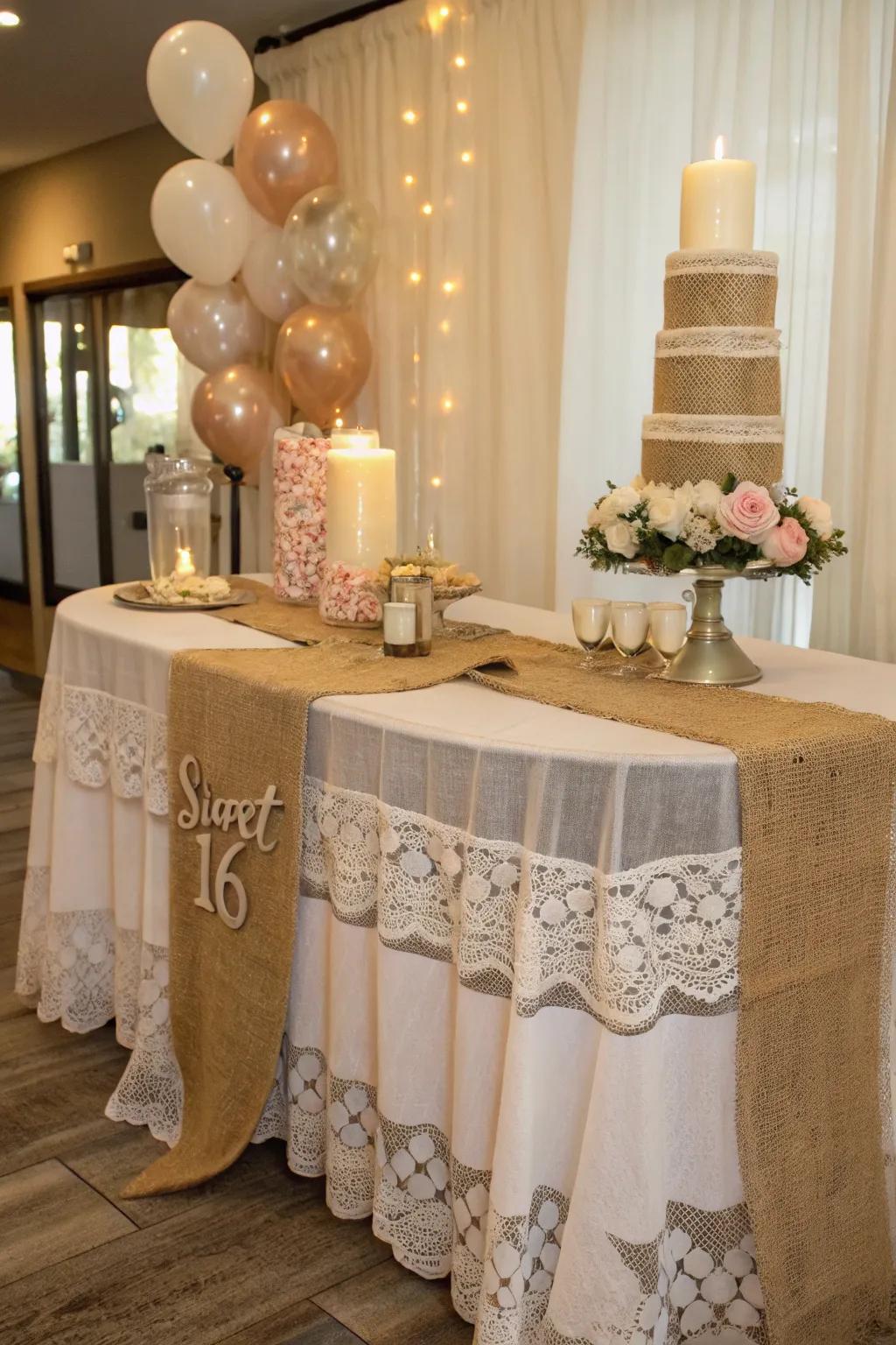 Elegant fine lace and twine decorations at a retro-themed event.