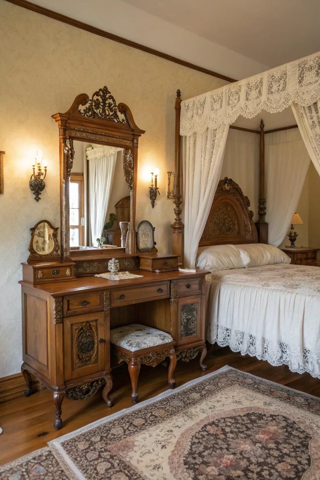Classic furniture designs with carved legs add sophistication to your vintage vanity.