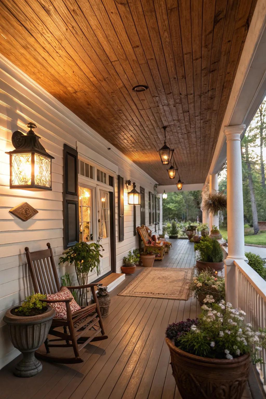 Timber-style vinyl ceilings deliver a snug, rustic charm to any porch.