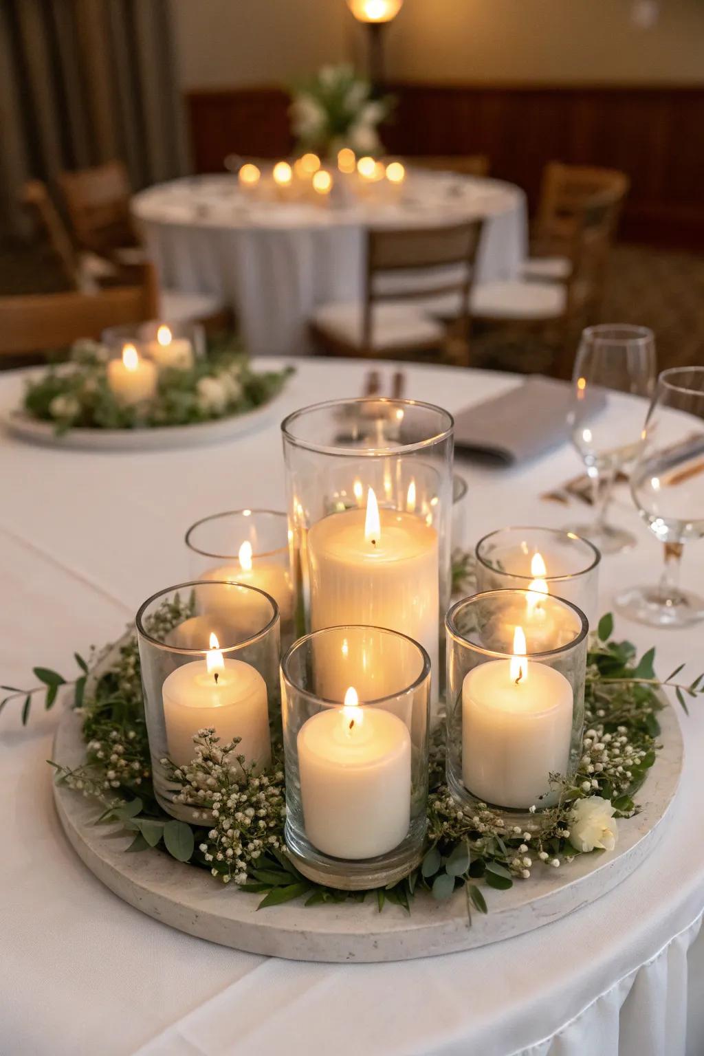 Glass votive cases accentuate the charm of candlelight.