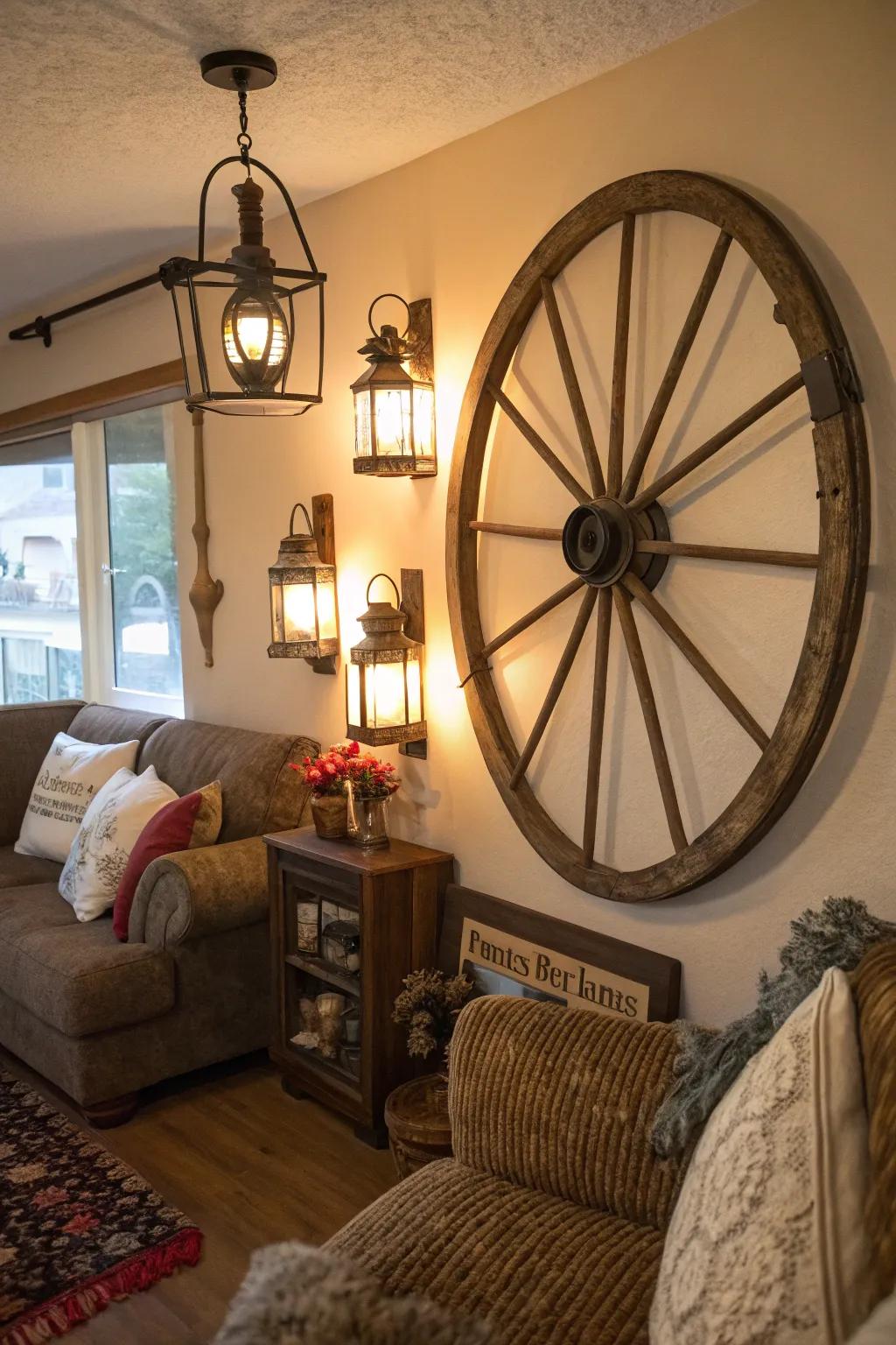 A wagon wheel serving as rustic wall art, enhanced by surrounding vintage lanterns.