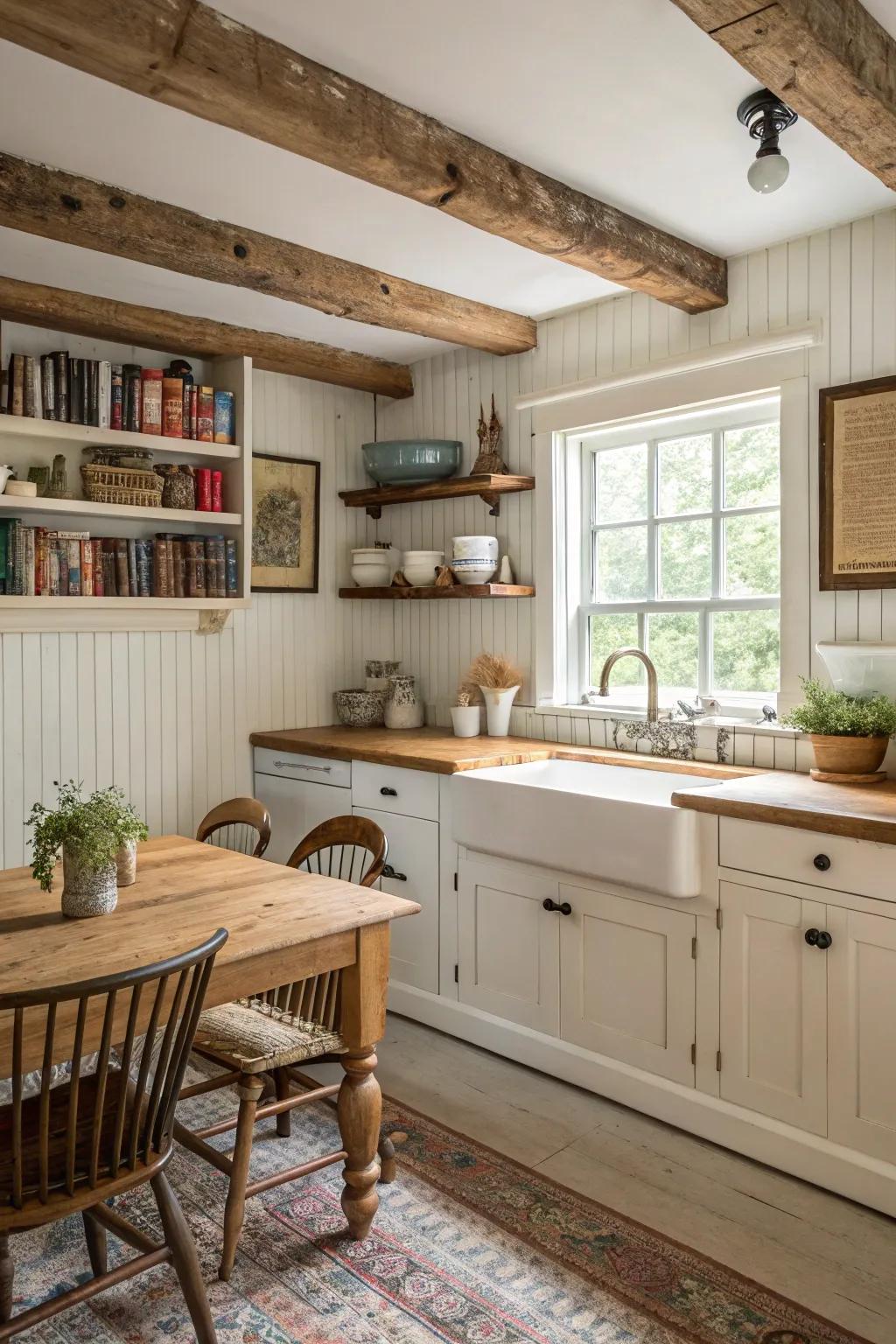 Create a warm and inviting kitchen with beadboard wainscoting.