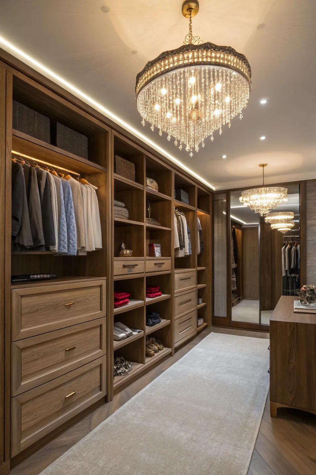 Elegant lighting turns the closet into a space that resembles a high-end store.