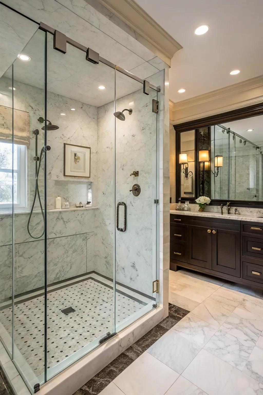 Luxurious marble pavers and a glass panel combine to form an elegant shower setting.