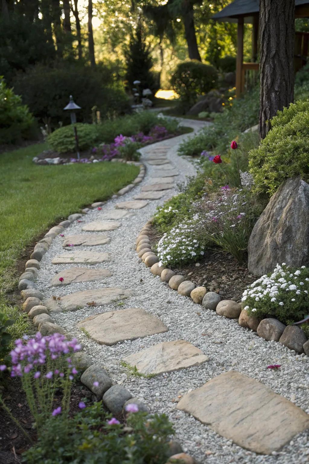 Gravel and pebbles create a rustic and charming garden walkway.