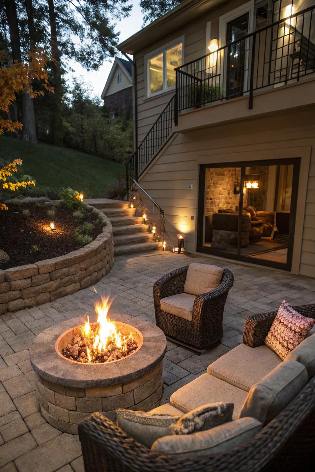 An attractive outdoor fire feature with comfortable outdoor seating.