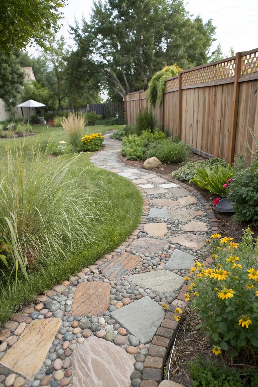 Stones and pavers create a timeless and elegant garden walkway.