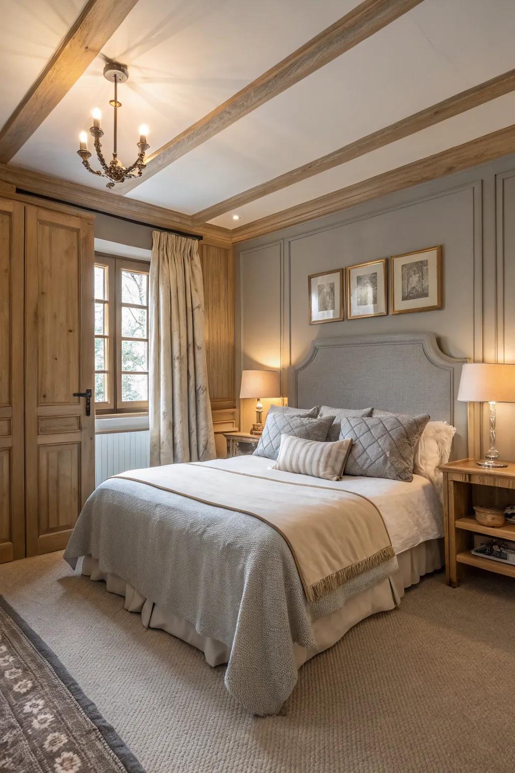 A serene sanctuary featuring soft gray walls and warm beige trim.