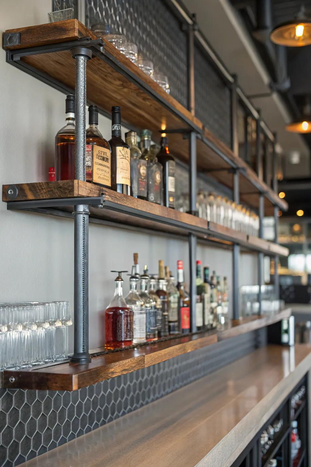 Metallic accents enhance a wall bar with an industrial feel.