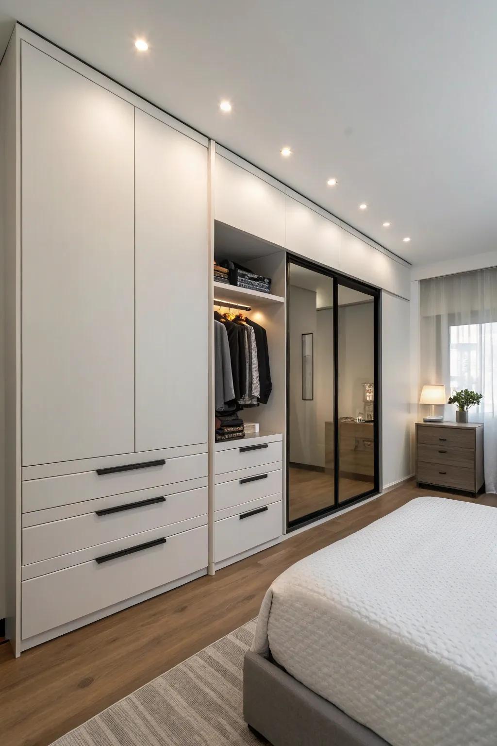 Tidy appearance via integrated drawers in a wall closet.