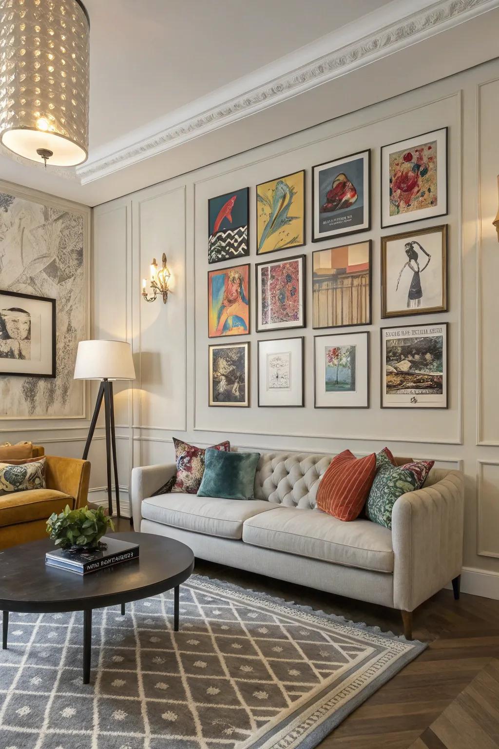 An exciting mix of art and prints that brings a wall to life.