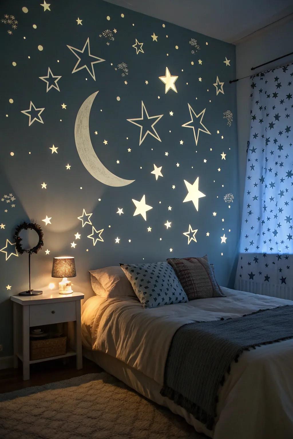 Celestial decals turn this bedroom into a magical nighttime escape.
