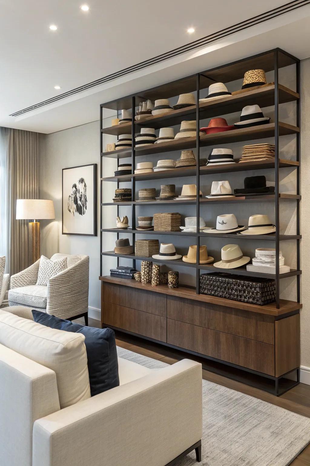 A contemporary living space showcasing a structured hat arrangement on shelves