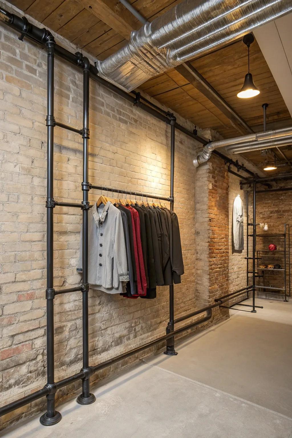 Industrial-themed room featuring a metal pipe wall-mounted clothing rack.