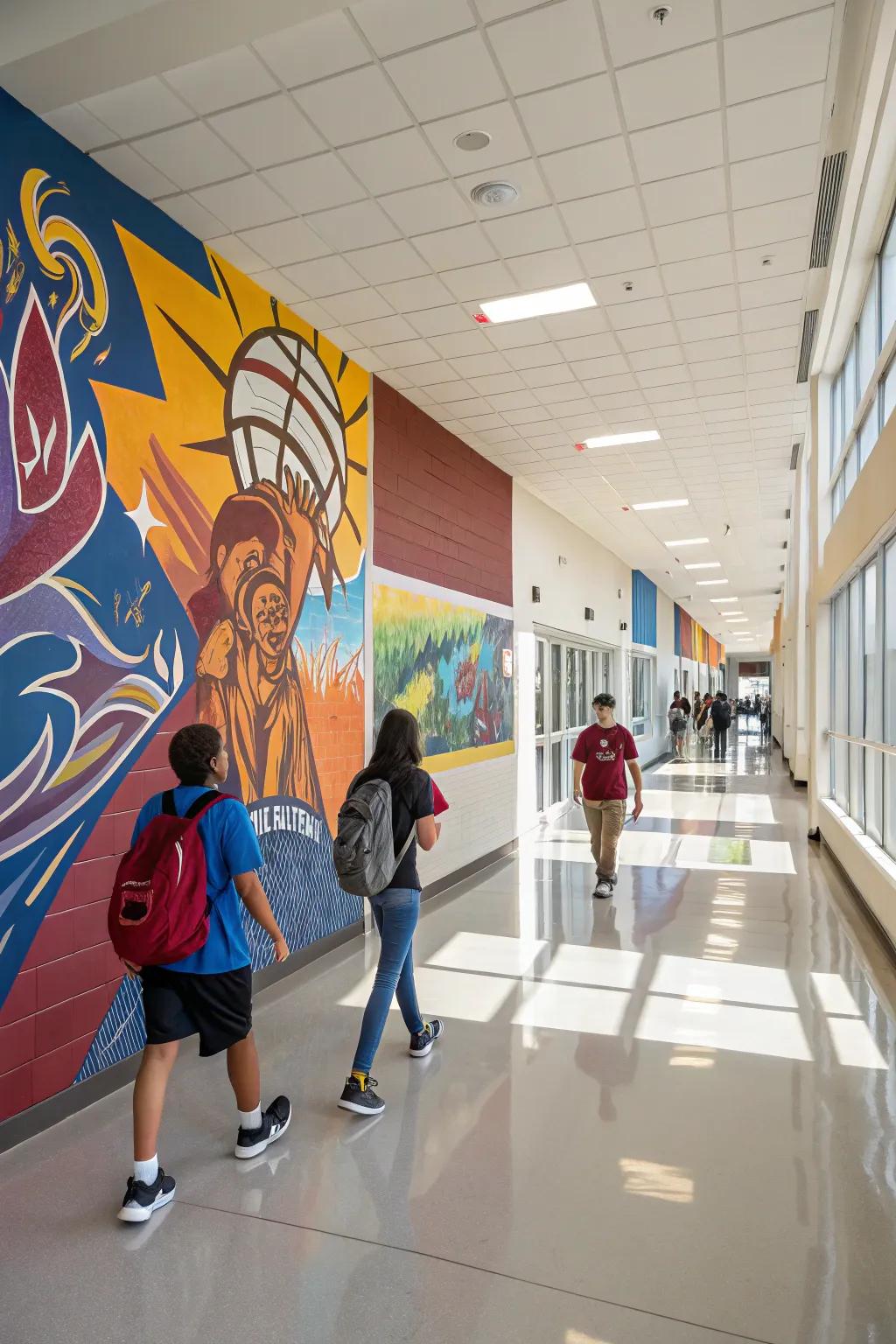 A vibrant custom artwork that adds energy and color to the school passage.