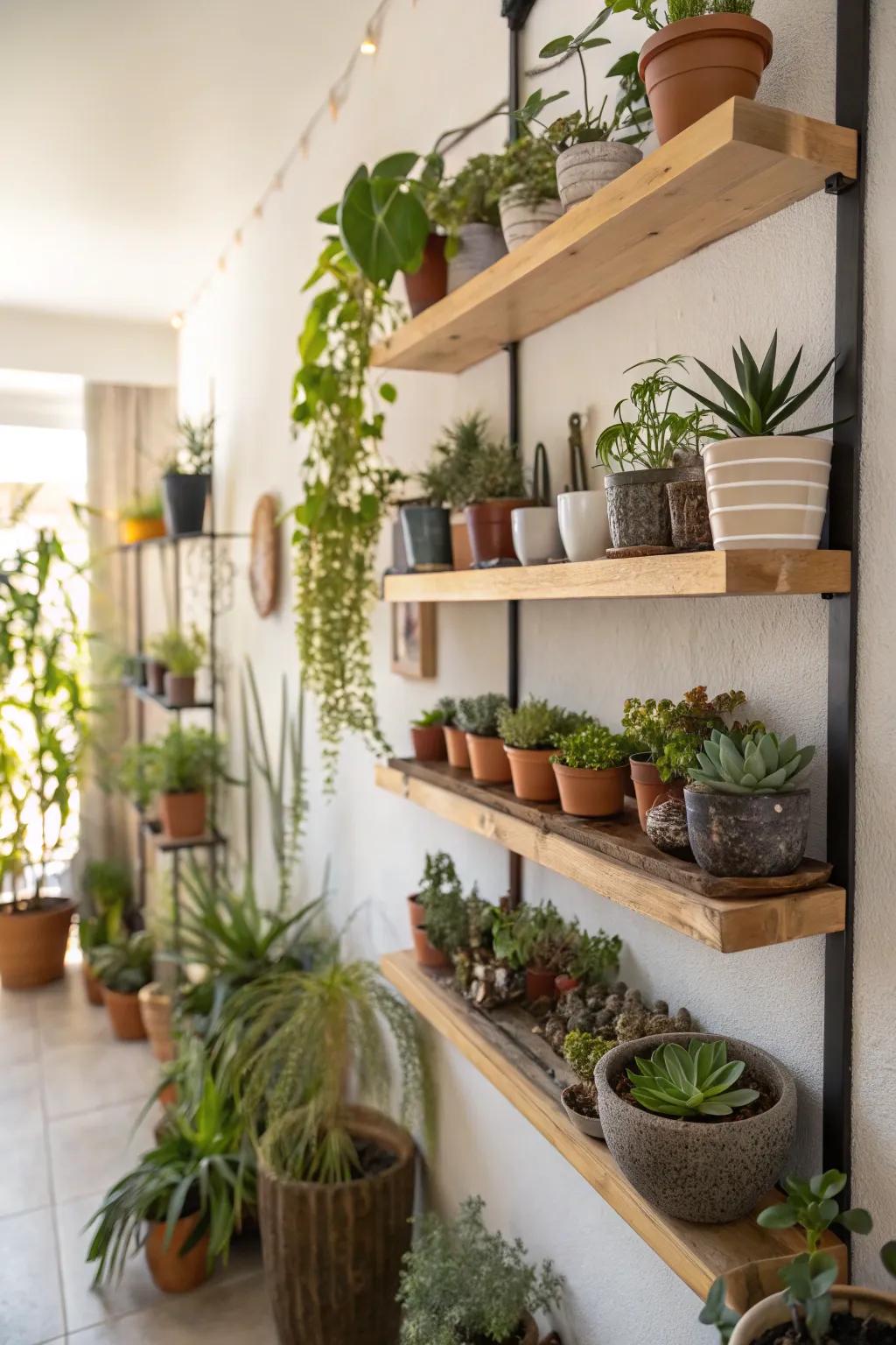 Welcome the outdoors in with shelves adorned with plants.