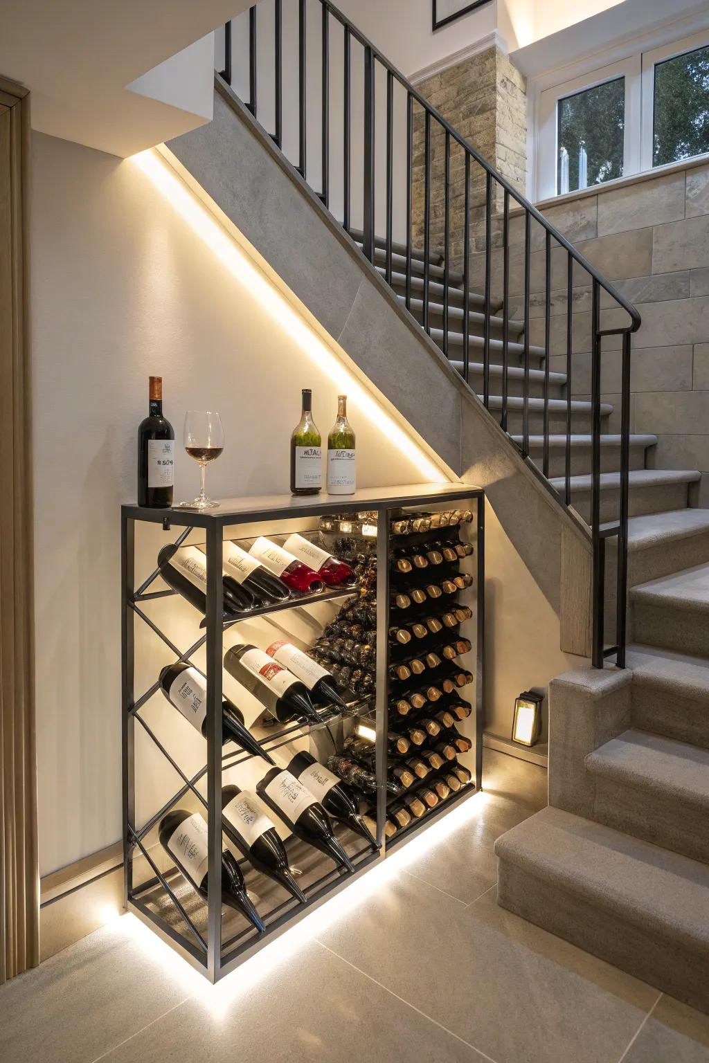 A stylish wine storage area tucked under the stairs is ideal for hosting gatherings.