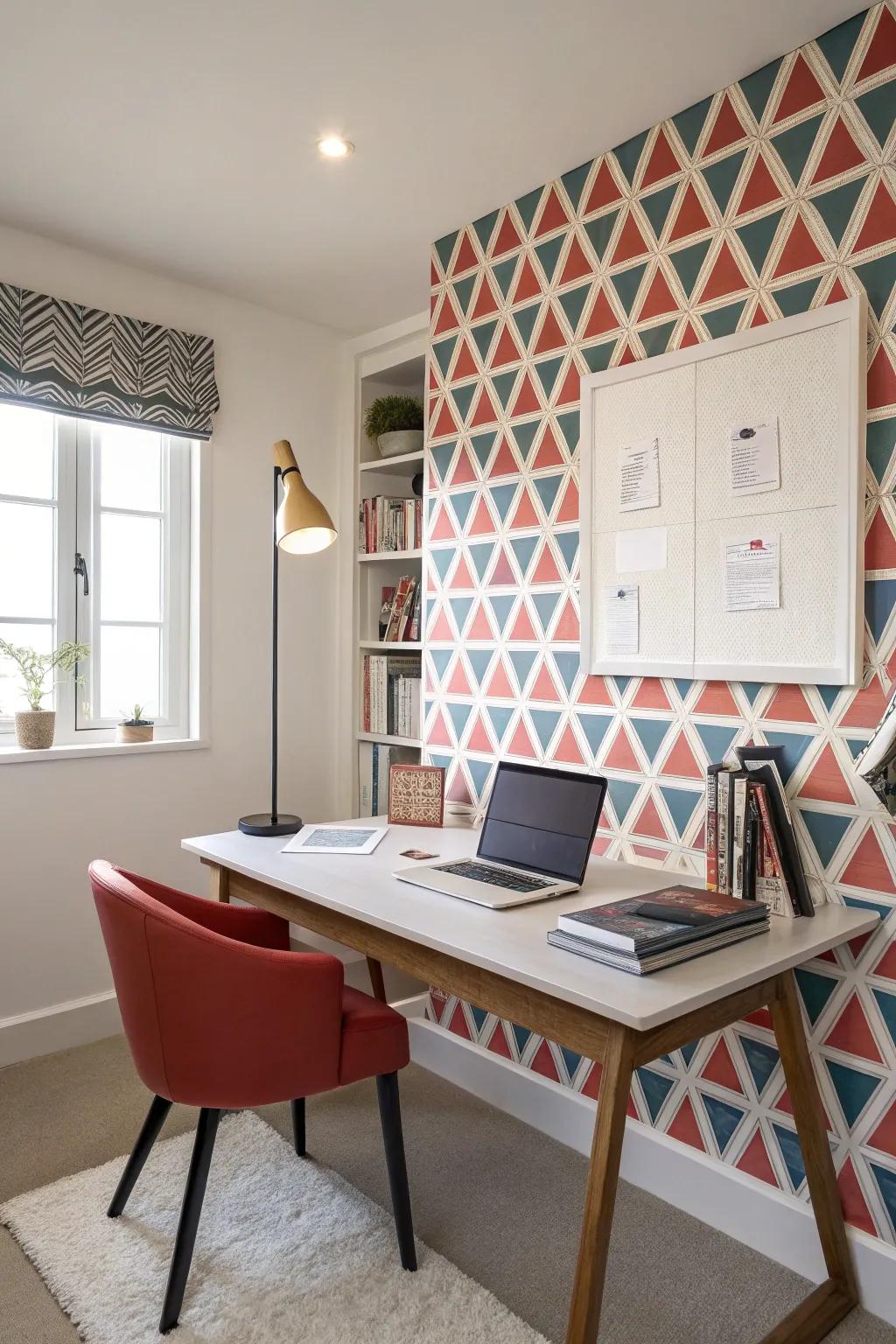A modern office space featuring a striking geometric wallpaper border.