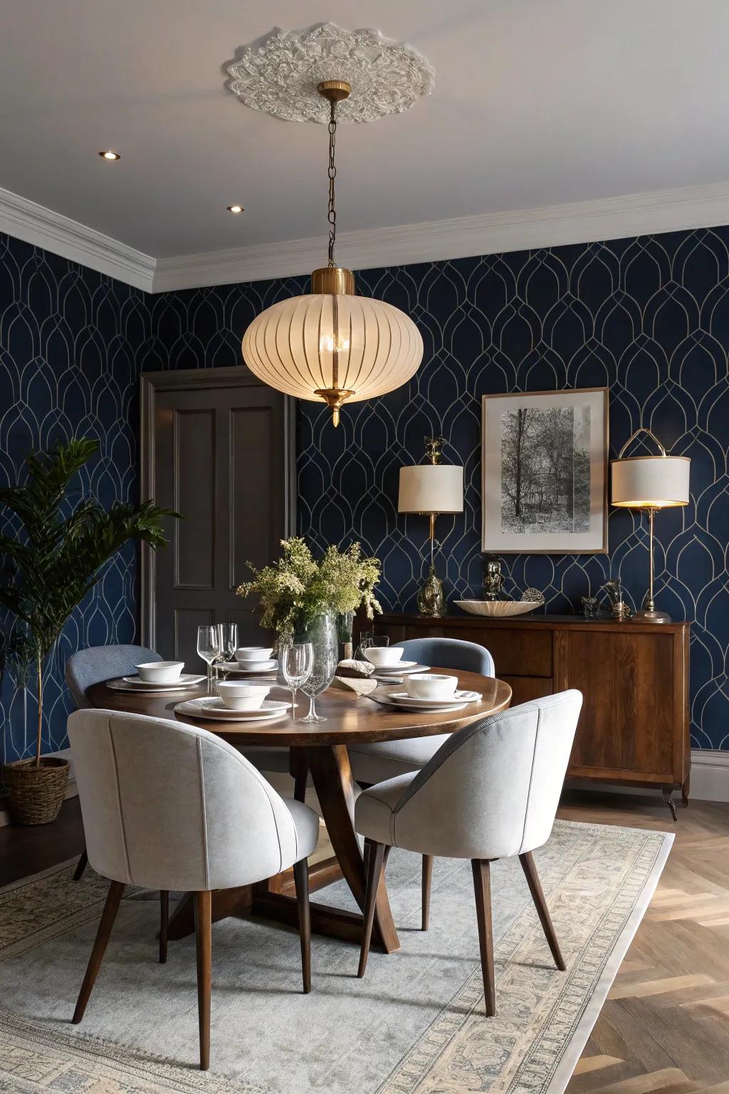 Bold wallpaper altering a dining area into a spectacular setting.