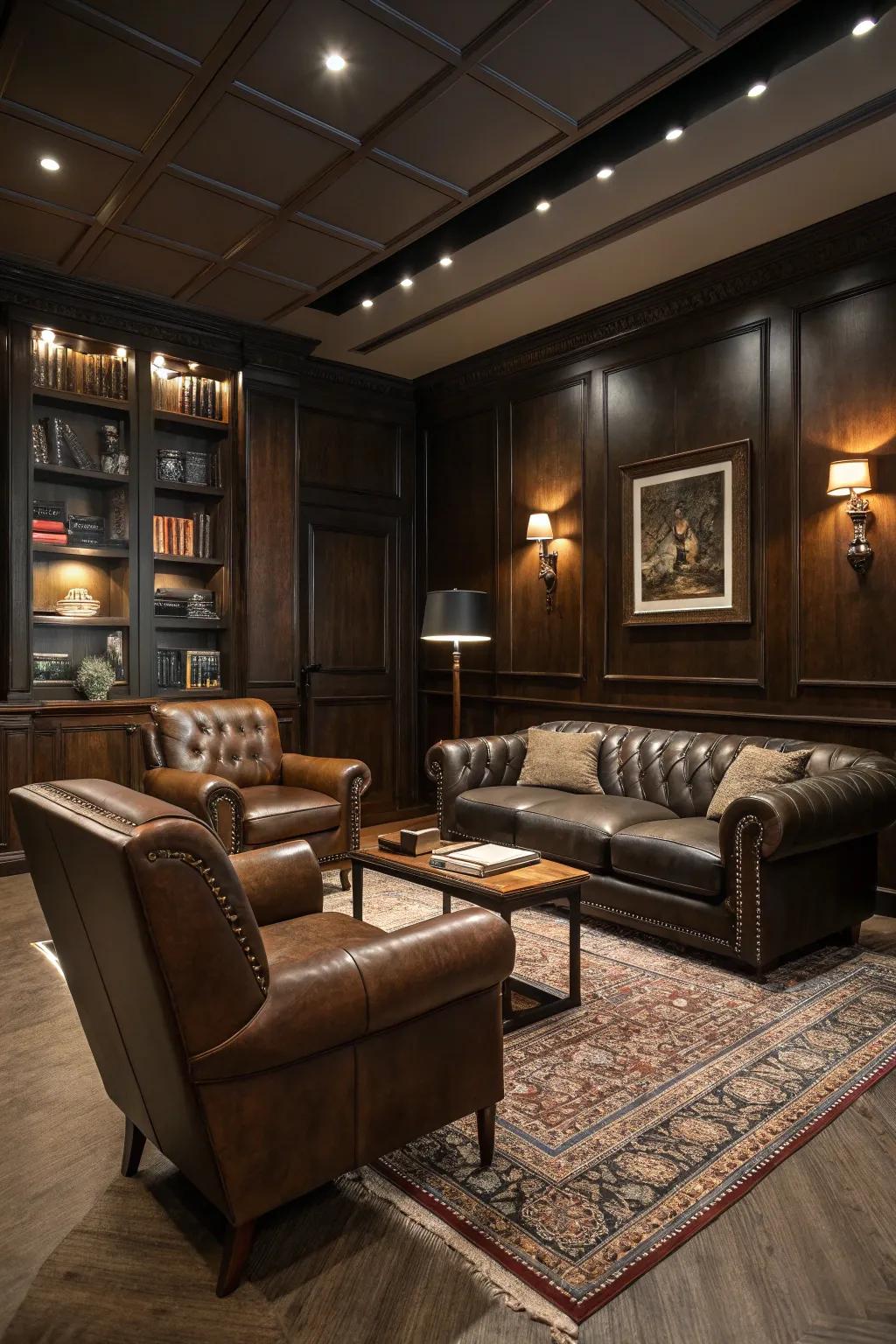 Hide furniture provides both elegance and usefulness in a masculine setting.