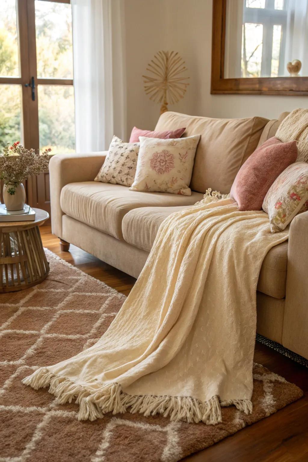Delicate textures infuse a neutral living space with coziness and warmth.