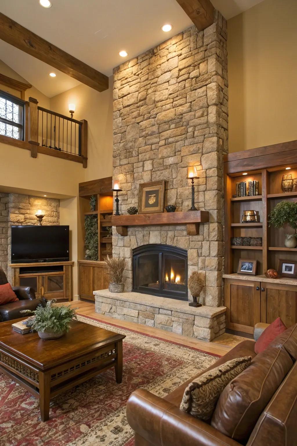 A stone hearth serving as a centerpiece in a snug country lounge.