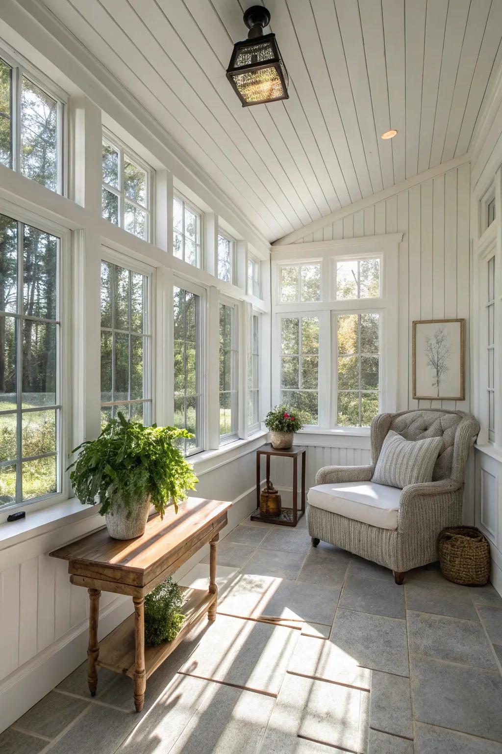 A sunroom styled in elegant ivory, projecting sophistication and peace.