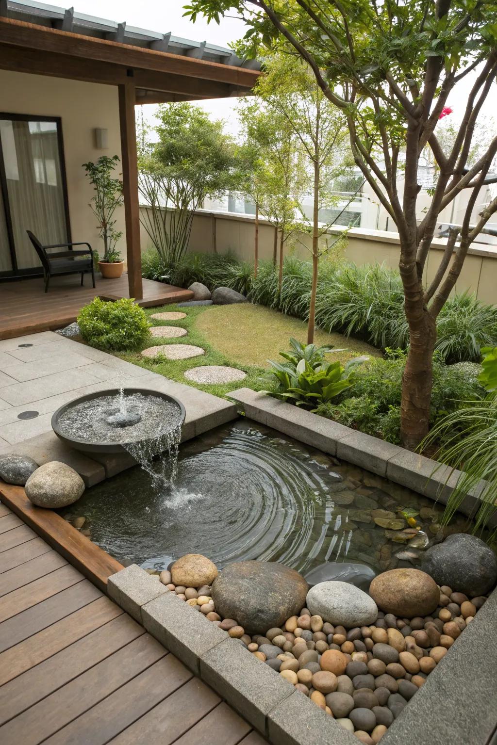 A contemplative water sanctuary crafts a calming outdoor escape.