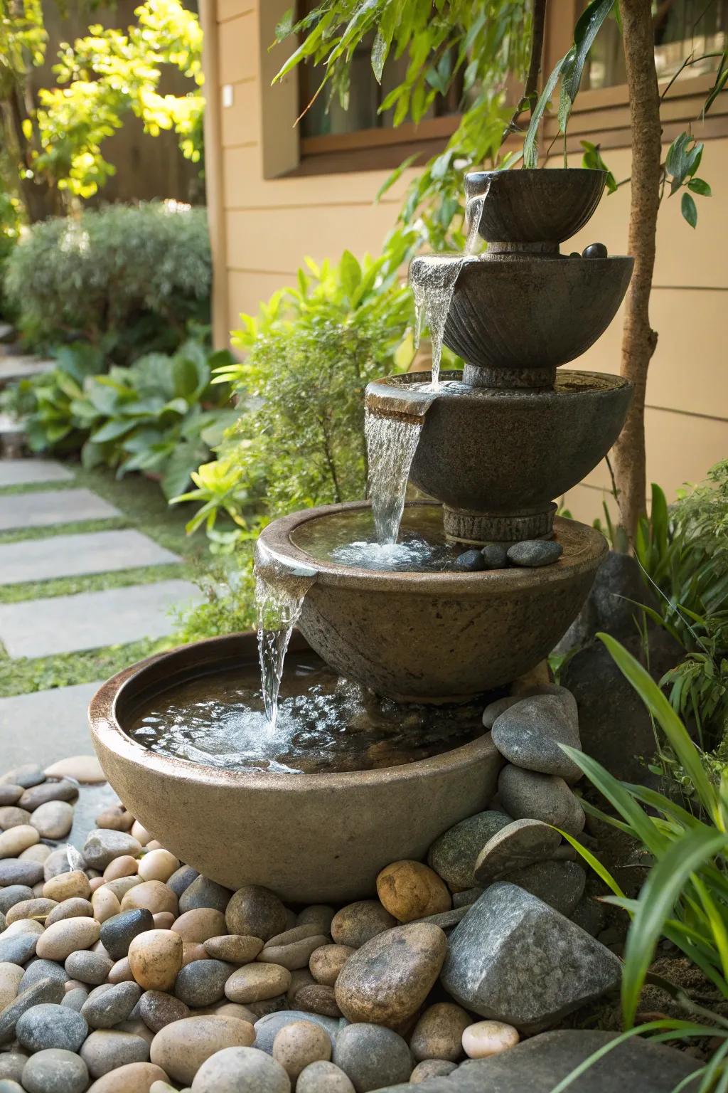 Multi-level vessels form a simple yet elegant waterfall feature.