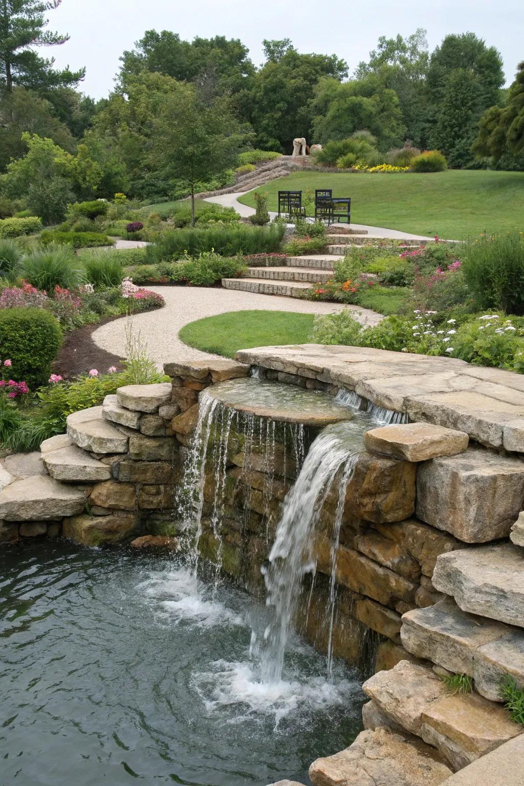 A tiered rock water feature in a garden, showcasing the water's descent across multiple levels.