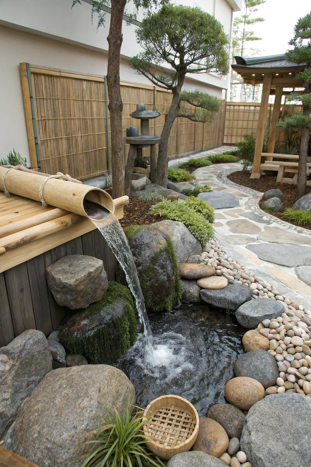 A Zen waterfall introduces a contemplative element to a peaceful garden.