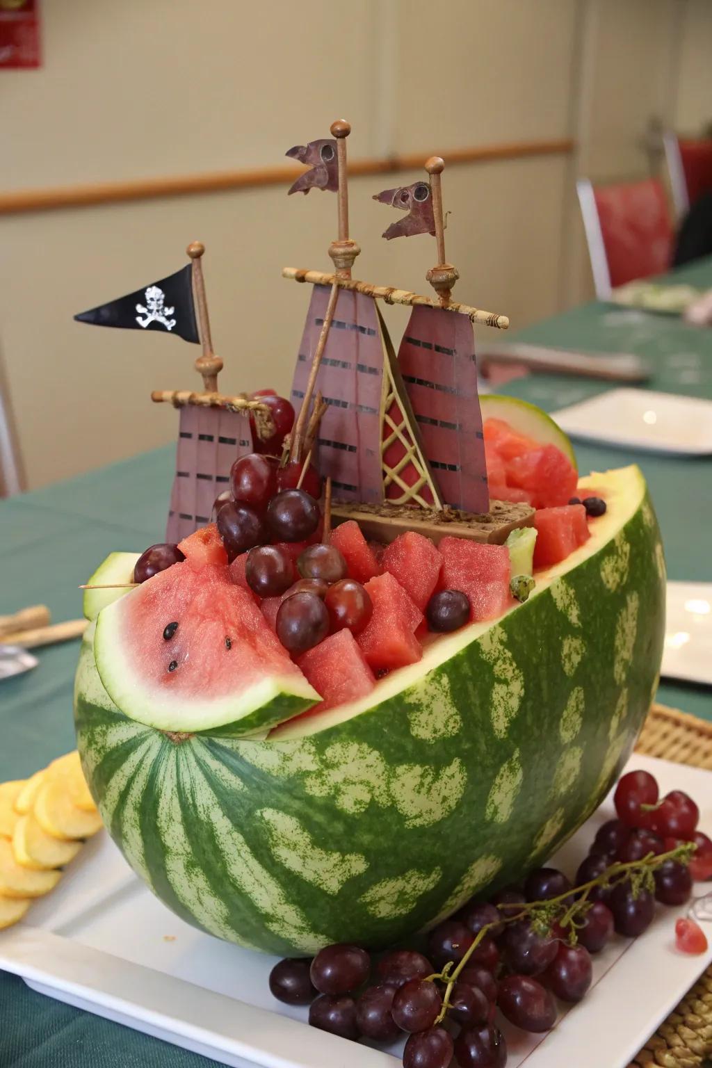A pirate-themed melon vessel equipped with grape cannons and a flag.