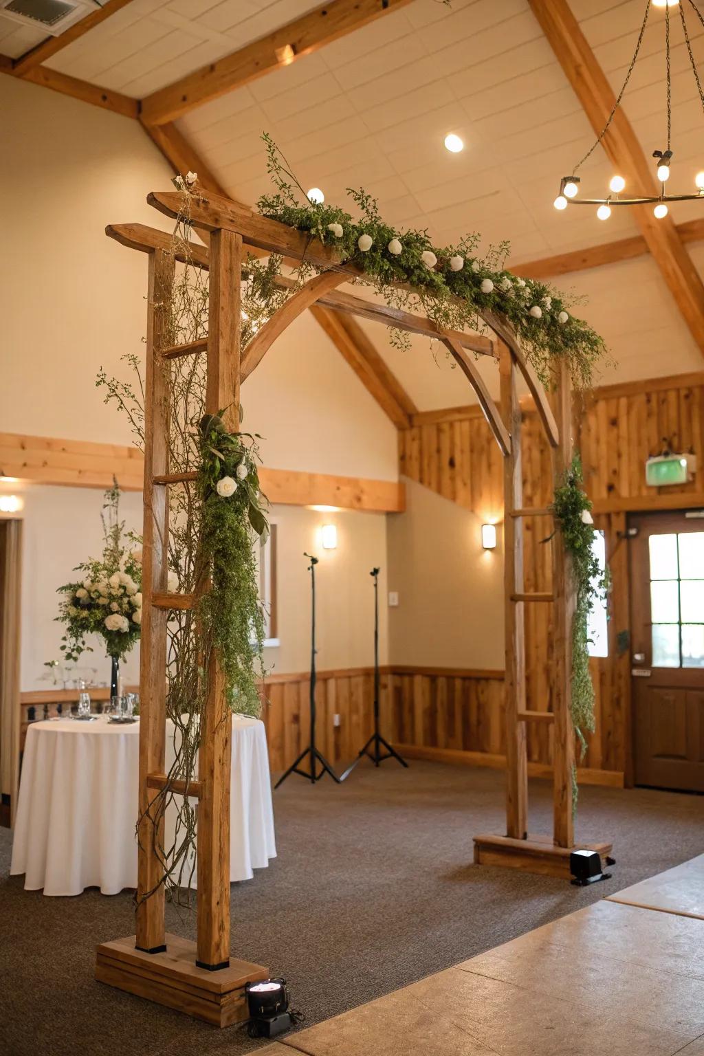 A rustic wood arch provides warmth and unique character to an indoor wedding occasion.