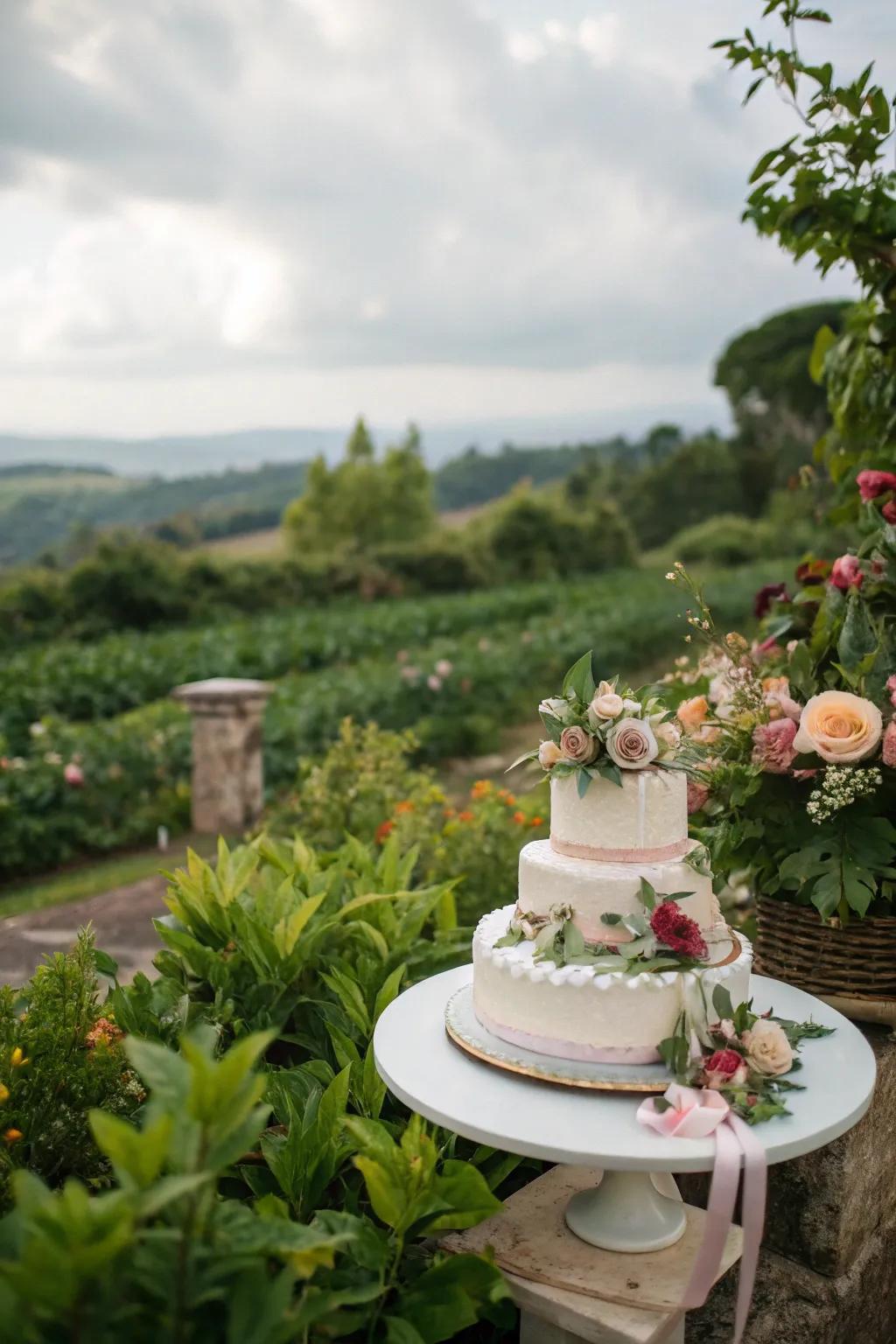 A wedding cake encased by lush greenery for a natural visual.