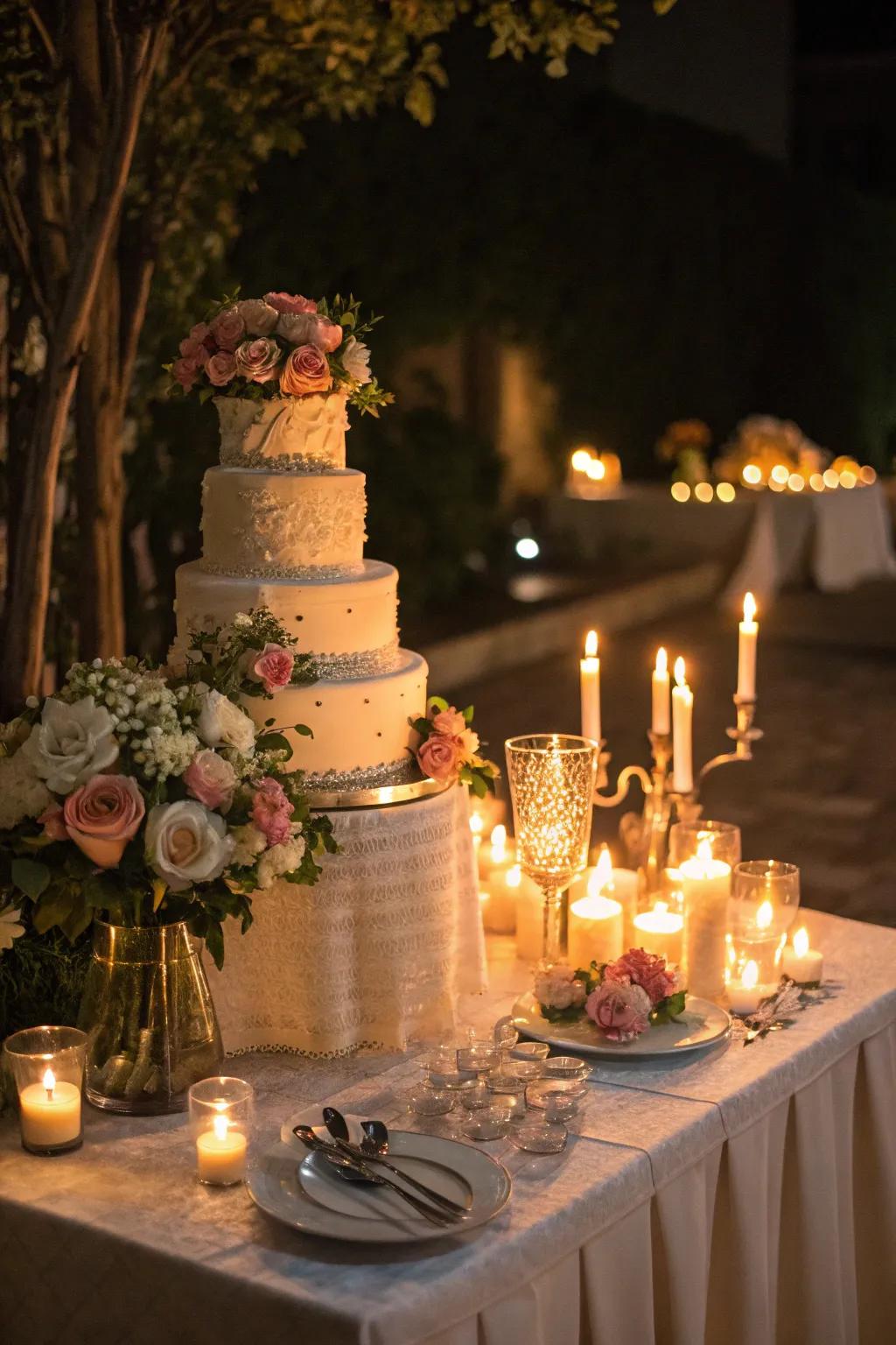 A cake table glowing softly from candlelight.