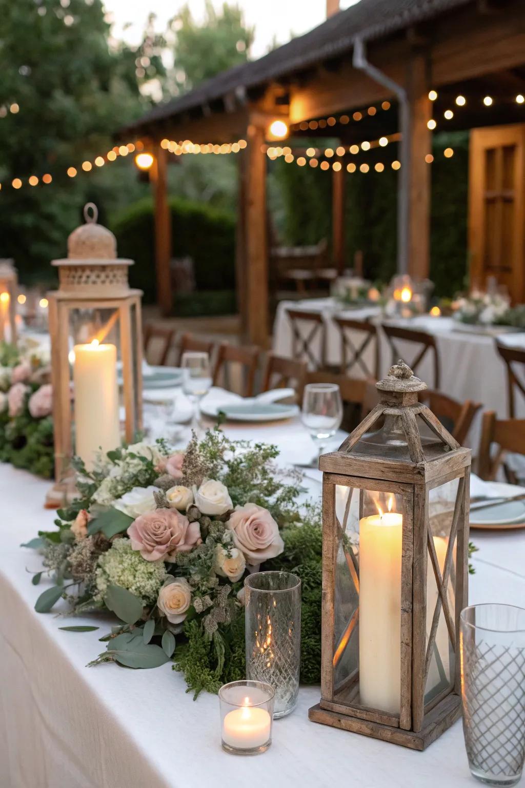 Candles and lanterns casting a romantic glow over a wedding table.